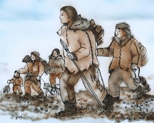 Imagined scene of people travelling near the Debert sites. Artwork by Dozay Christmas (Membertou First Nation). 