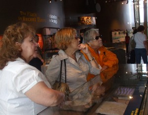 As part of the planning process for the Mi’kmawey Debert Cultural Centre, the Elders’ Advisory Council reviews contemporary museum practices and exhibits at various institutions. Here Elders Phyllis Googoo, Mary-Ellen Googoo and Murdena Marshall visit the Joggins Fossil Centre, Fall 2008.