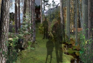 A schematic of the first gallery designed to be a total immersion experience for the visitor—with light filtering through trees, sounds of people talking in Mi’kmaq, spring water moving over rocks, wind moving in the trees, and the calls and croaks of loons, frogs, and caribou. Image courtesy of Lundholm Associates Architects.