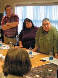 The Mi’kmawey Debert staff meet with the Elders’ Advisory Council often. Here project director Tim Bernard and administrator Sheila Pierro review maps of the Debert area with Elder Judy Bernard Julian.