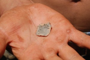 A small “utilized flake”— a small flake of stone used as a tool without being made into a formal tool form.. Michael Stephens (Millbrook First Nation) holds the artifact he found during archaeological testing. The artifact was last held by an ancestor more than 11,000 years ago.