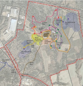 The site plan for the Mi’kmawey Debert Cultural Centre shows the building’s central location surrounded by the ancestral sites, walking trails and other interpretive aspects. Image courtesy of Lundholm Associates Architects.