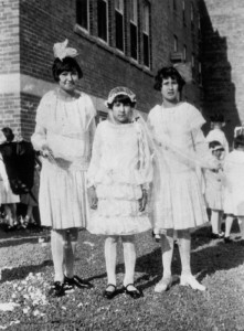 Elsie Charles, Cecilia Glode, and Hazel Paul at the Shubenacadie Indian Residential School,  1931. From the digital archive of Elsie Charles Basque, educator and IRS survivor. Image courtesy of Elsie Charles Basque.