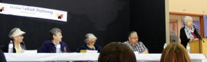 “Our Grandmothers’ Words” book launch in Eskasoni, Nova Scotia; L-R: Flo Young, Diana Denny, Susie Marshall, Gerald Gloade, Murdena Marshall. Image courtesy of Natalie Gloade.